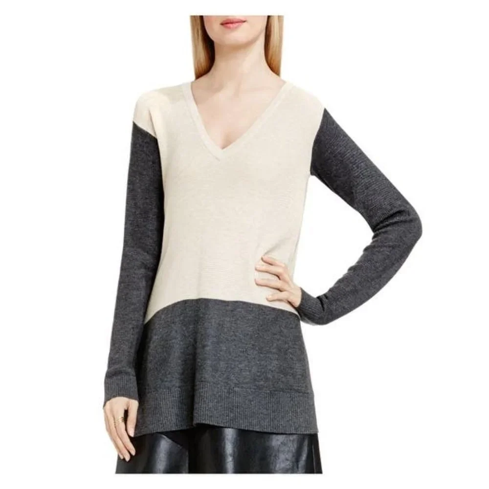 Vince Camuto Colorblock Waffle Knit V-Neck Sweater
